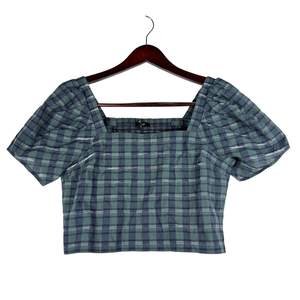 Madewell Plaid Puff Sleeve Top Womens Small Green Smocked Crop Cottagecore Twee